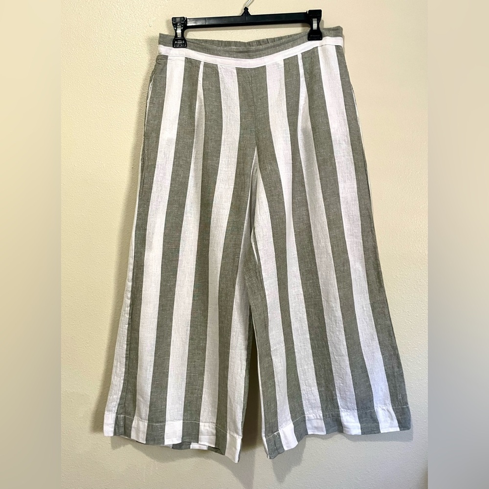 beach lunch lounge Cropped Linen Pants Women's SP Wide Leg Grey Striped beach
